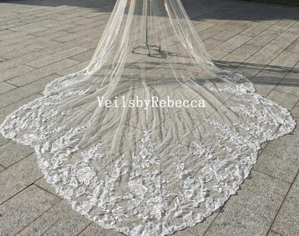 Sequins floral lace royal wedding veil, wedding veil cathedral lace, lace bridal veil cathedral, floral lace bridal veil R288 - Image 5