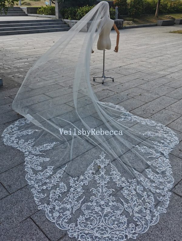 Sequins floral lace wedding veil, lace bridal veil cathedral, scallop bottom floral lace bridal veil R298 - Image 7