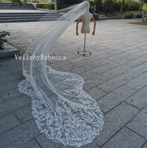 Sequins floral lace wedding veil, lace bridal veil cathedral, scallop bottom floral lace bridal veil R298 - Image 9