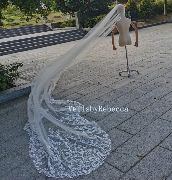 Sequins floral lace wedding veil, lace bridal veil cathedral, scallop bottom floral lace bridal veil R298 - Image 10