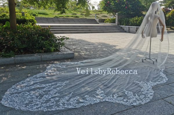 Sequins floral lace wedding veil, lace bridal veil cathedral, scallop bottom floral lace bridal veil R298 - Image 5