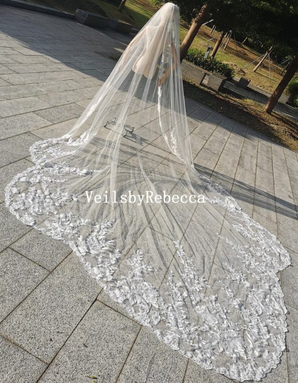 Sequins floral lace royal wedding veil, wedding veil cathedral lace, lace bridal veil cathedral, floral lace bridal veil R288 - Image 3