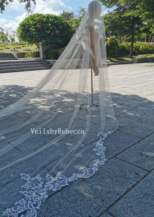 Sequins floral lace wedding veil, lace bridal veil cathedral, scallop bottom floral lace bridal veil R298 - Image 6