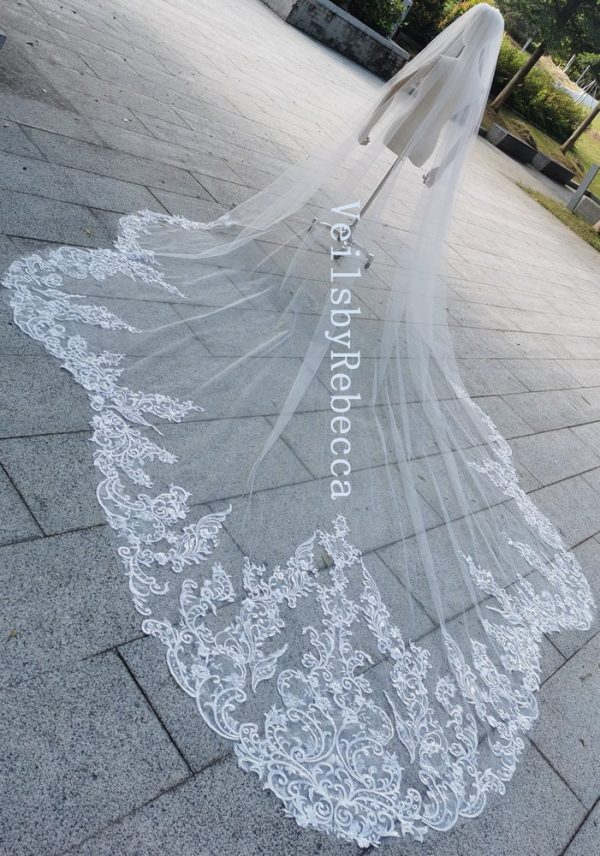 Sequins floral lace wedding veil, lace bridal veil cathedral, scallop bottom floral lace bridal veil R298 - Image 8