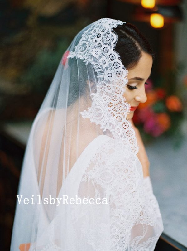 1 tier French Chantilly Cathedral Mantilla Wedding Veil, Ivory Spanish Wedding Veil ,Chantilly Lace 1st Communion Mantilla Wedding Veil V643 - Image 4