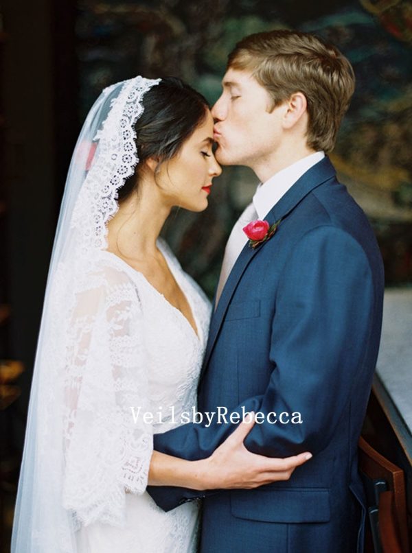 1 tier French Chantilly Cathedral Mantilla Wedding Veil, Ivory Spanish Wedding Veil ,Chantilly Lace 1st Communion Mantilla Wedding Veil V643 - Image 3