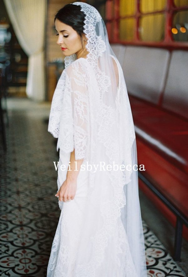 1 tier French Chantilly Cathedral Mantilla Wedding Veil, Ivory Spanish Wedding Veil ,Chantilly Lace 1st Communion Mantilla Wedding Veil V643 - Image 5