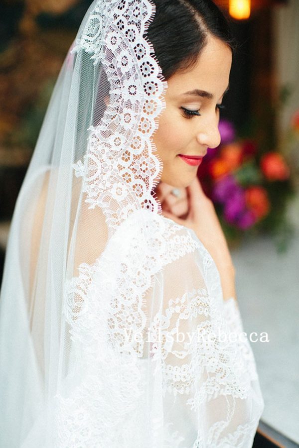 1 tier French Chantilly Cathedral Mantilla Wedding Veil, Ivory Spanish Wedding Veil ,Chantilly Lace 1st Communion Mantilla Wedding Veil V643 - Image 2