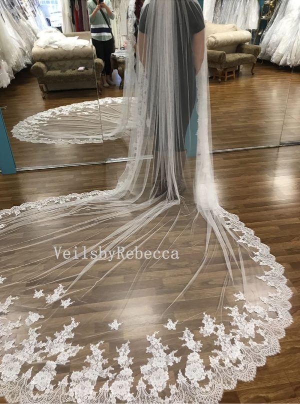 Il Fullxfull.5106017674 5qex.jpg 1 tier floral French Chantilly lace appliques cathedral royal wedding veil, soft off white flower Chantilly lace bridal veil R608 - Image 5