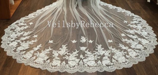 Il Fullxfull.5106018094 Fke2.jpg 1 tier floral French Chantilly lace appliques cathedral royal wedding veil, soft off white flower Chantilly lace bridal veil R608 - Image 4