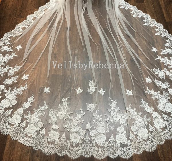 Il Fullxfull.5106066820 P12w.jpg 1 tier floral French Chantilly lace appliques cathedral royal wedding veil, soft off white flower Chantilly lace bridal veil R608 - Image 6