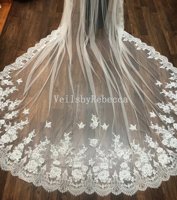 Il Fullxfull.5154242329 Ql05.jpg 1 tier floral French Chantilly lace appliques cathedral royal wedding veil, soft off white flower Chantilly lace bridal veil R608 - Image 2