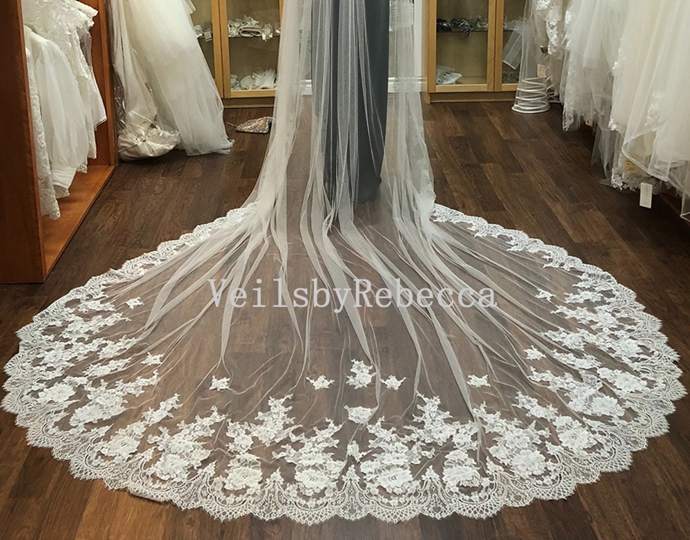 Il Fullxfull.5154289291 Dc1x.jpg 1 tier floral French Chantilly lace appliques cathedral royal wedding veil, soft off white flower Chantilly lace bridal veil R608 - Image 1