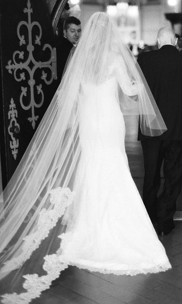 2 tiers cathedral lace veil,cathedral lace bottom veil with plain tulle blusher,french Chantilly lace tulle cathedral veil V612B - Image 3