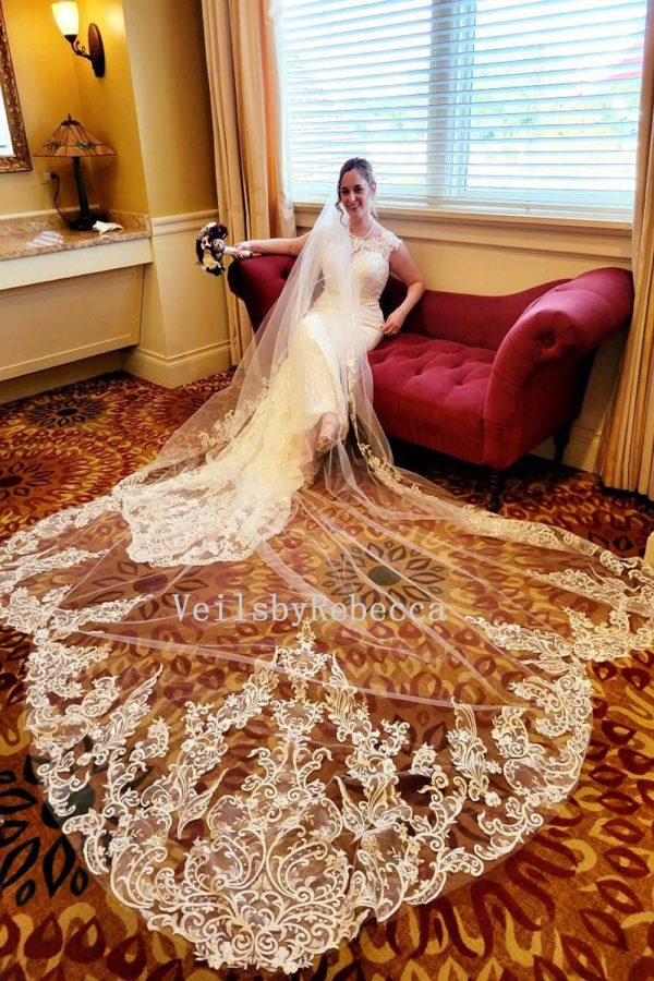 Sequins floral lace wedding veil, lace bridal veil cathedral, scallop bottom floral lace bridal veil R298 - Image 2