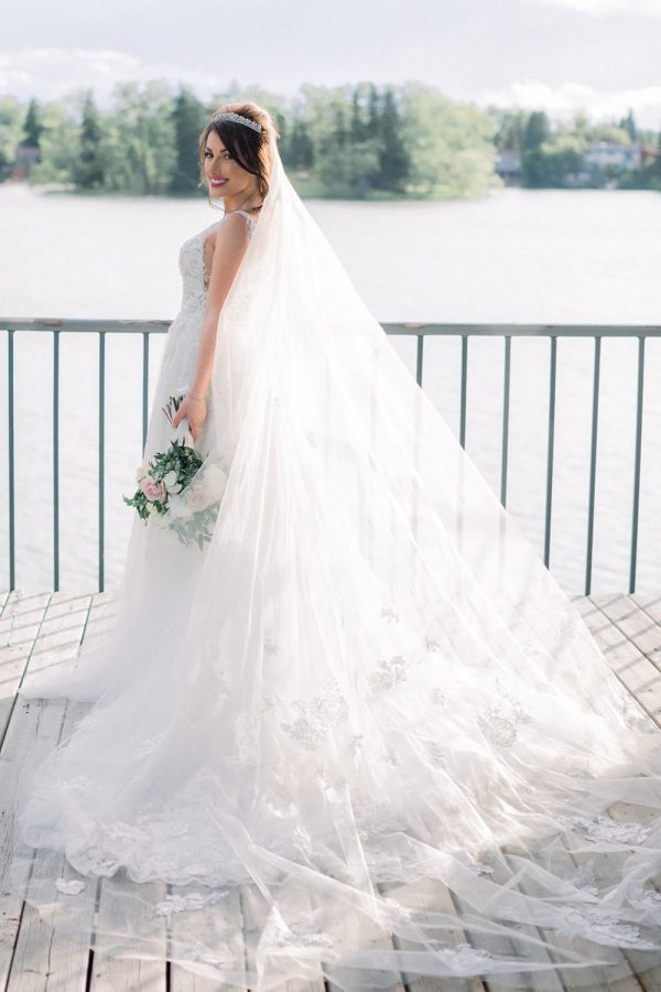 Sparking lace drop wedding veil, 2 tiers sequins floral lace applique veil, 2 tiers blusher cathedral veil, floral lace cathedral veil R223 - Image 4