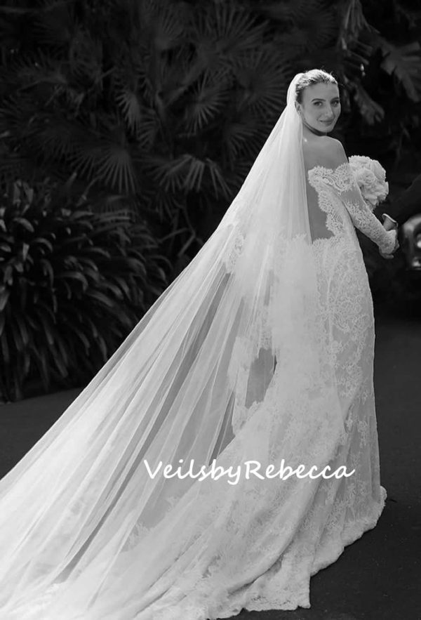 2 tiers wide Chantilly lace drop floating wedding veil in cathedral length, 2 layers lace blush bridal veil V612D - Image 5