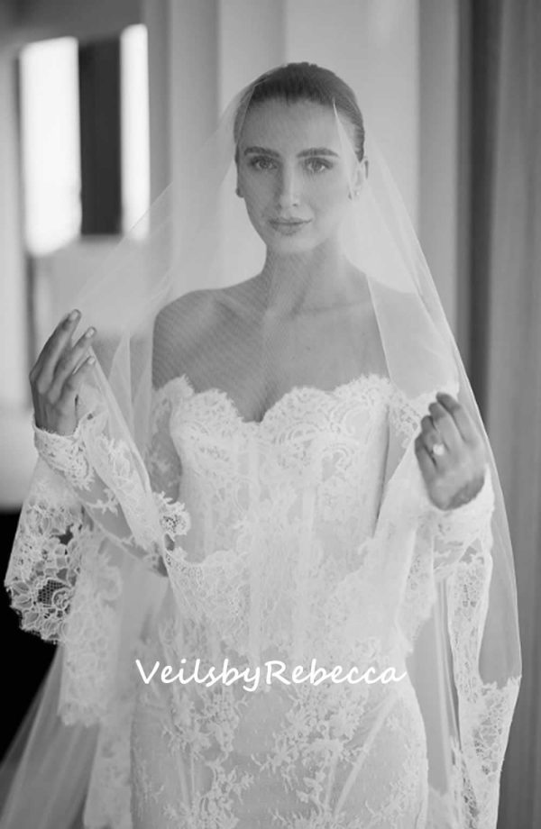 2 tiers wide Chantilly lace drop floating wedding veil in cathedral length, 2 layers lace blush bridal veil V612D - Image 4