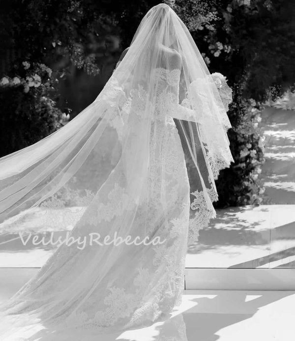 2 tiers wide Chantilly lace drop floating wedding veil in cathedral length, 2 layers lace blush bridal veil V612D - Image 3