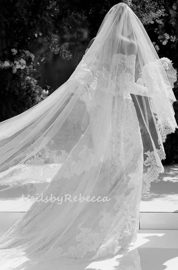 2 tiers wide Chantilly lace drop floating wedding veil in cathedral length, 2 layers lace blush bridal veil V612D - Image 6