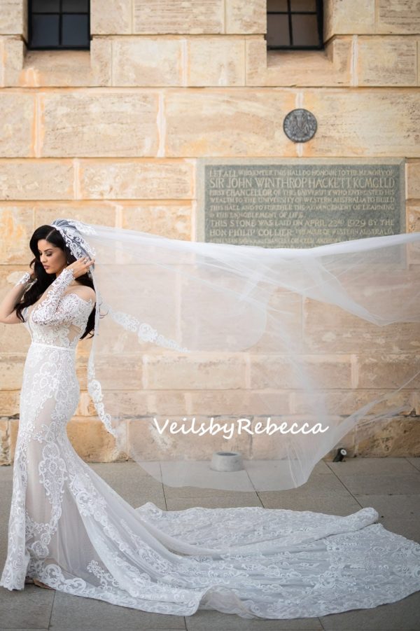 1 tier vintage sequins embroidery lace appliques ivory royal length wedding veil S401 - Image 5