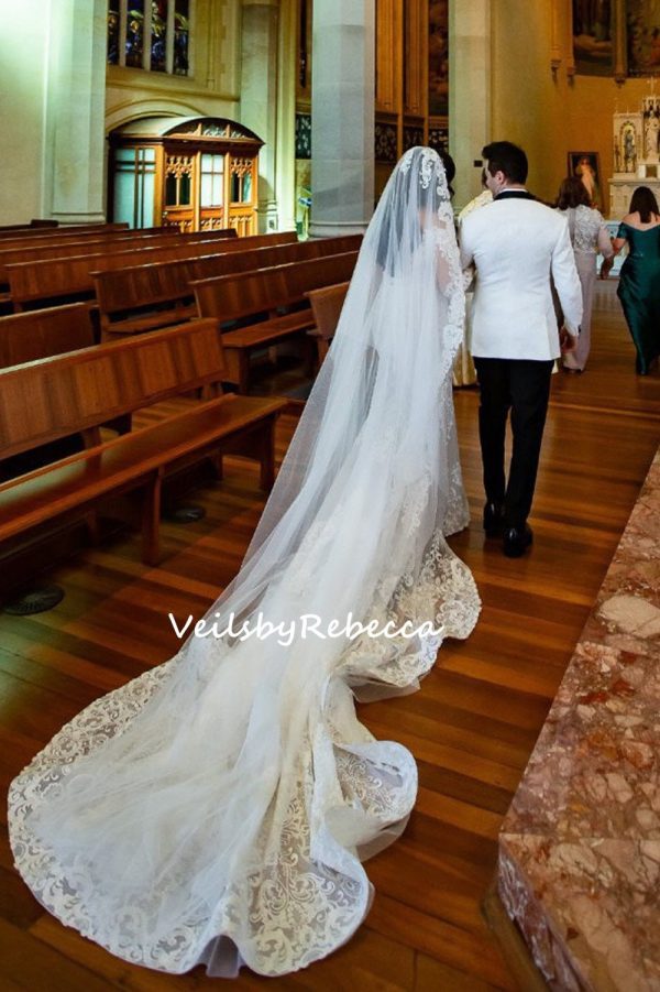 1 tier vintage sequins embroidery lace appliques ivory royal length wedding veil S401 - Image 7