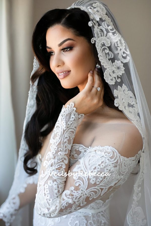 1 tier vintage sequins embroidery lace appliques ivory royal length wedding veil S401 - Image 6