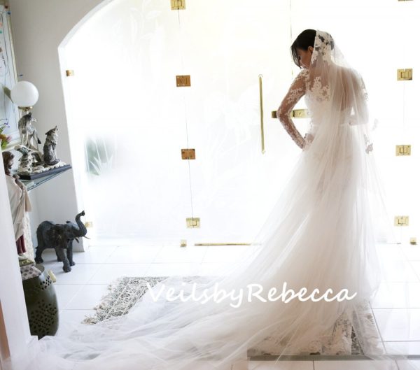 2 tiers ivory floral lace appliques drop floating chapel wedding veil with a blusher S402 - Image 5