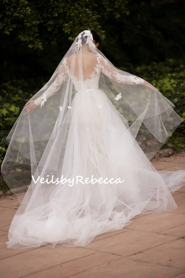 2 tiers ivory floral lace appliques drop floating chapel wedding veil with a blusher S402 - Image 2