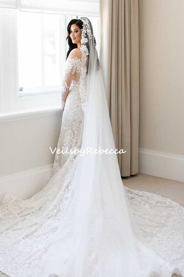 1 tier vintage sequins embroidery lace appliques ivory royal length wedding veil S401 - Image 4