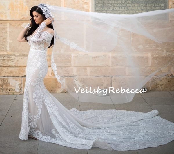 1 tier vintage sequins embroidery lace appliques ivory royal length wedding veil S401 - Image 2