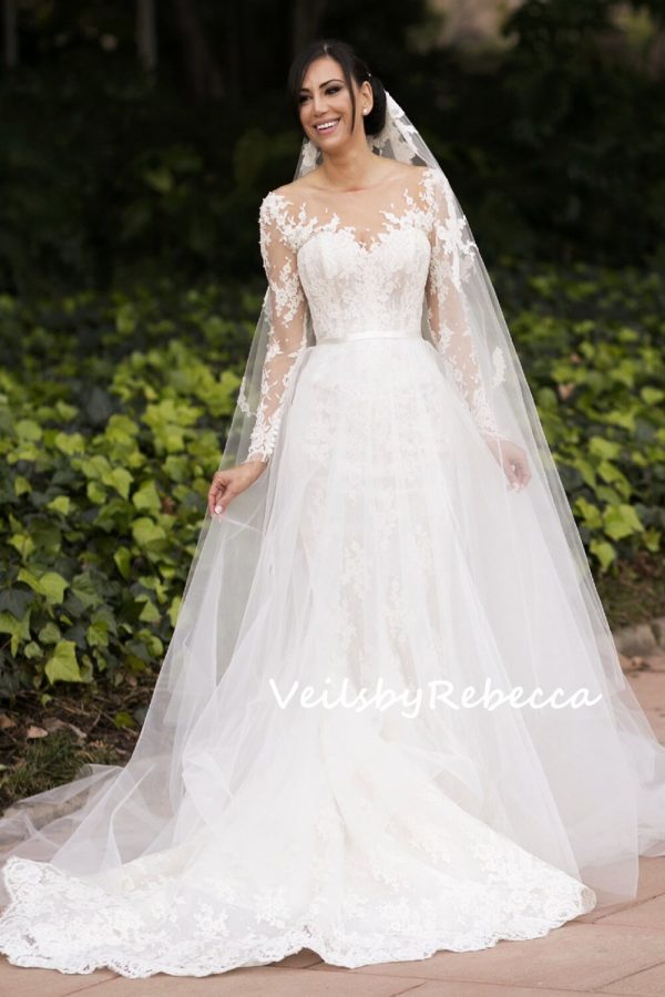2 tiers ivory floral lace appliques drop floating chapel wedding veil with a blusher S402 - Image 6