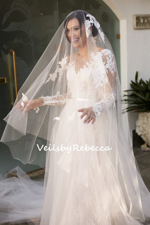 2 tiers ivory floral lace appliques drop floating chapel wedding veil with a blusher S402 - Image 3