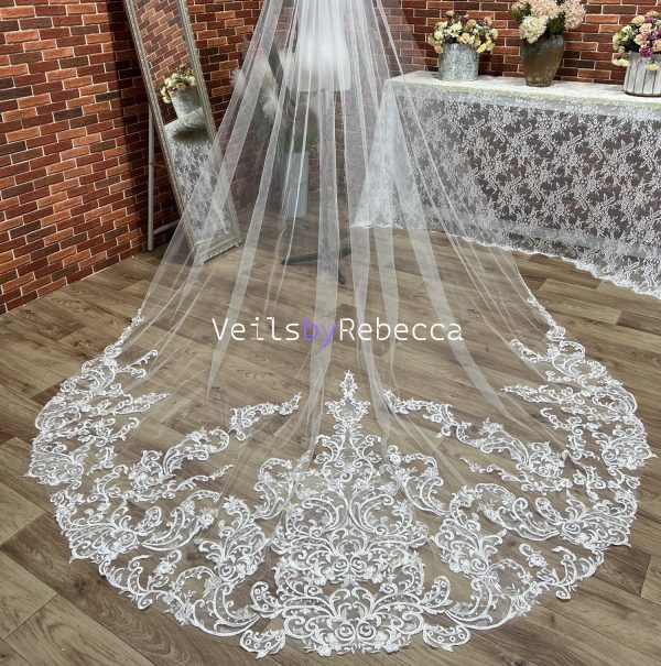 Il Fullxfull.5879381660 Eb29.jpg 1 tier sequins embroidery lace cathedral wedding veil, ivory Royal lace wedding veil, sparking sequins vintage lace bridal veil R238 - Image 5