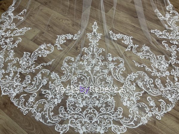 Il Fullxfull.5879381664 Smni.jpg 1 tier sequins embroidery lace cathedral wedding veil, ivory Royal lace wedding veil, sparking sequins vintage lace bridal veil R238 - Image 3