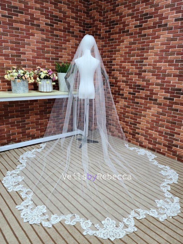 1 tier ivory soft tulle vintage lace bottom cathedral wedding veil S460 - Image 2