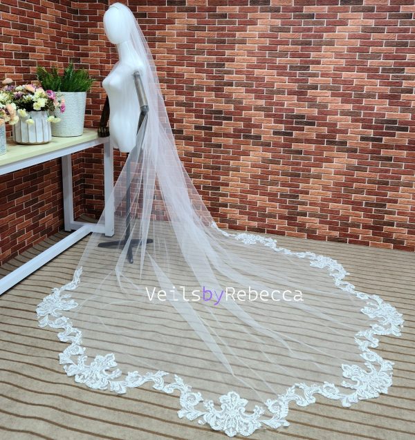 1 tier ivory soft tulle vintage lace bottom cathedral wedding veil S460 - Image 4