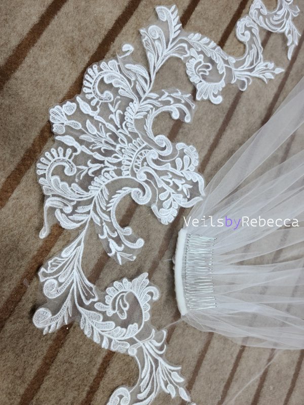 1 tier ivory soft tulle vintage lace bottom cathedral wedding veil S460 - Image 7