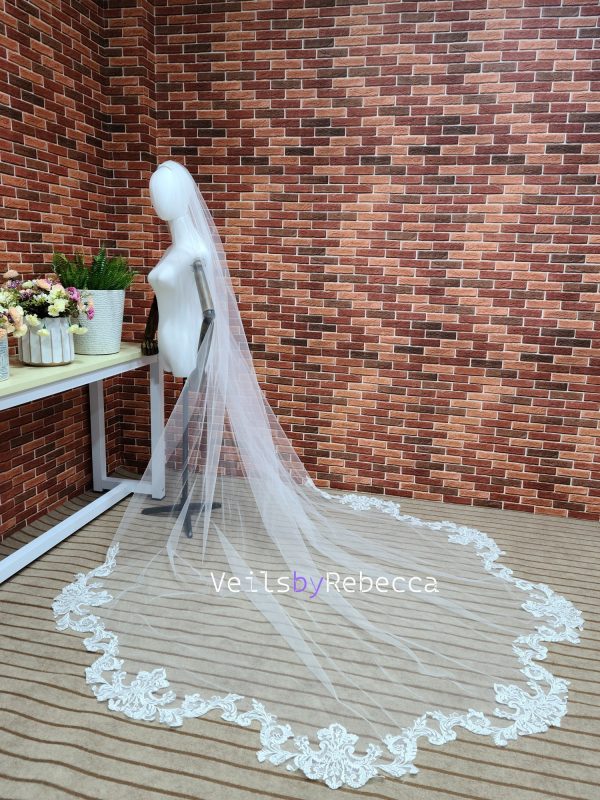 1 tier ivory soft tulle vintage lace bottom cathedral wedding veil S460 - Image 6
