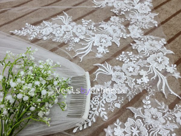 Il Fullxfull.5883813084 By1v.jpg 1 tier ivory sparking scattered beading floral lace appliques cathedral wedding veil, long beading lace bridal veil S463 - Image 4