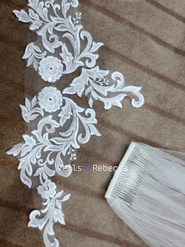 Il Fullxfull.5883853554 B2bw.jpg 1 tier ivory sparking sequins floral lace appliques cathedral wedding veil, long sequins lace bridal veil S461 - Image 6