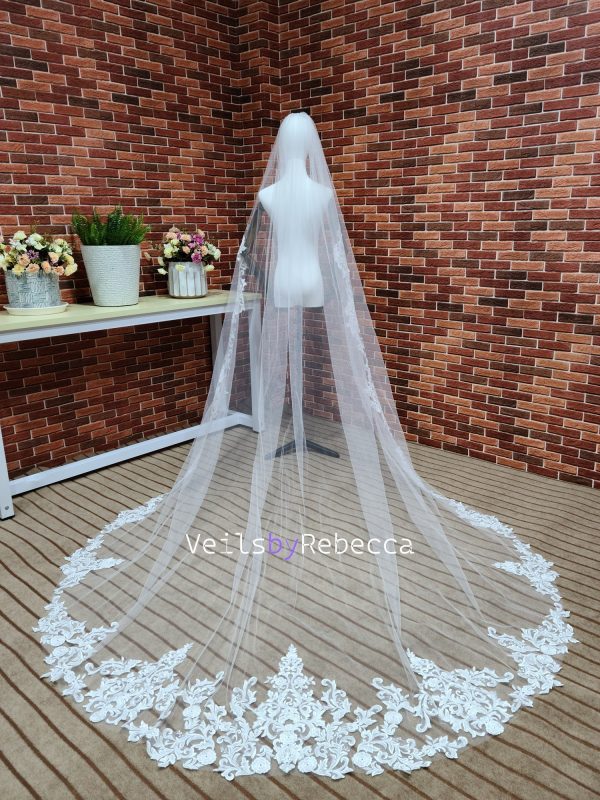 Il Fullxfull.5883853558 Bt9a.jpg 1 tier ivory sparking sequins floral lace appliques cathedral wedding veil, long sequins lace bridal veil S461 - Image 2