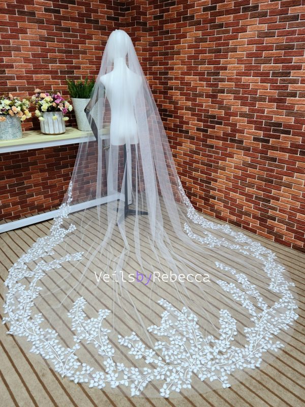 1 tier ivory soft tulle tree leaves lace bottom cathedral bridal wedding veil S464 - Image 2