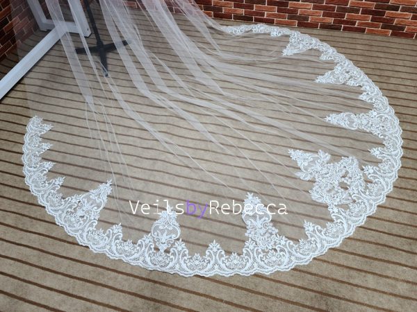2024 new sequins ivory soft tulle embroidery lace bottom cathedral bridal wedding veil S462 - Image 3