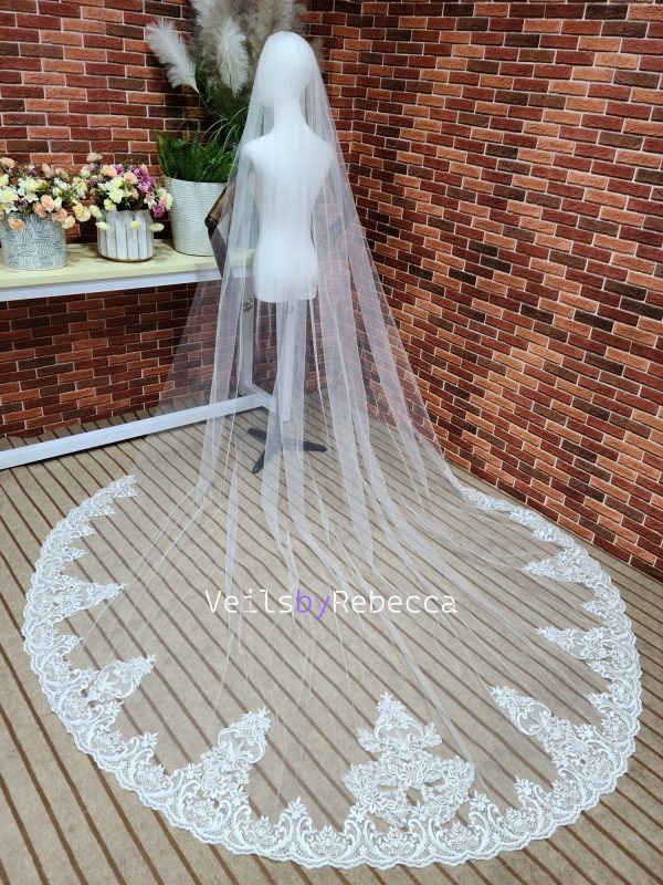 2024 new sequins ivory soft tulle embroidery lace bottom cathedral bridal wedding veil S462 - Image 2