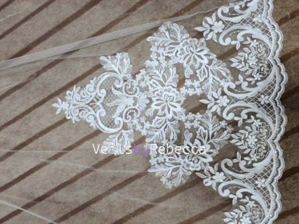 2024 new sequins ivory soft tulle embroidery lace bottom cathedral bridal wedding veil S462 - Image 6