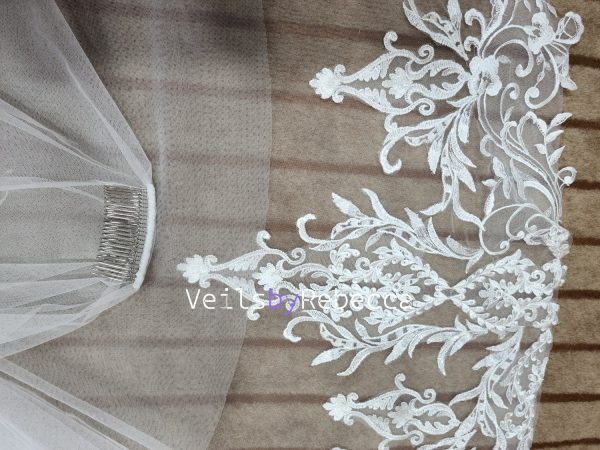 Romantic 2 tiers drop floating fingertip sequins vines lace appliques bridal wedding veil S471 - Image 7