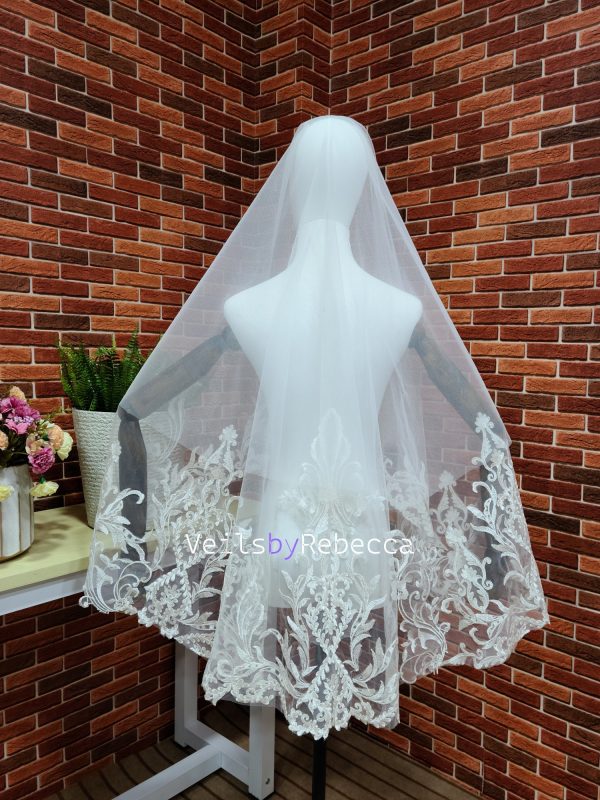 Romantic 2 tiers drop floating fingertip sequins vines lace appliques bridal wedding veil S471 - Image 4