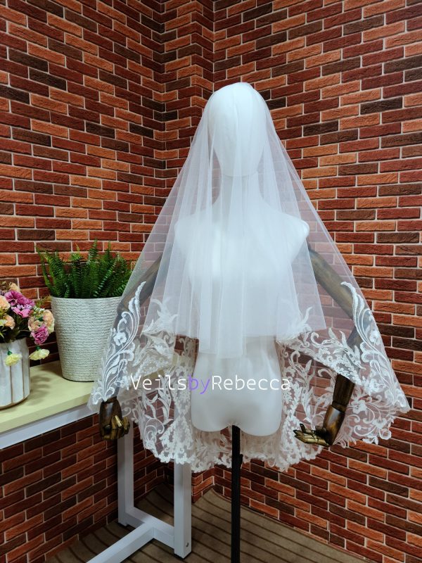 Romantic 2 tiers drop floating fingertip sequins vines lace appliques bridal wedding veil S471 - Image 3
