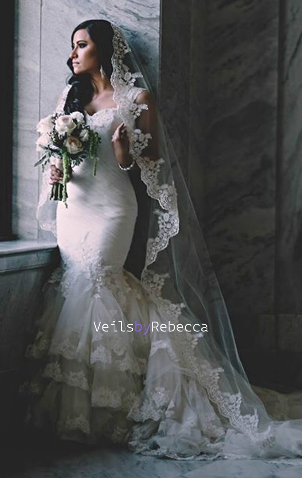 1 tier cathedral Mantilla Lace Veil,Lace 1st Communion Mantilla Veil in Cathedral, Catholic Lace Mantilla Wedding Veil Bridal Veil V657 - Image 3